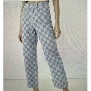 Oak + Fork Checkered Blue Denim High Waist Wide Leg Mom Jean Size PS Medium Wash